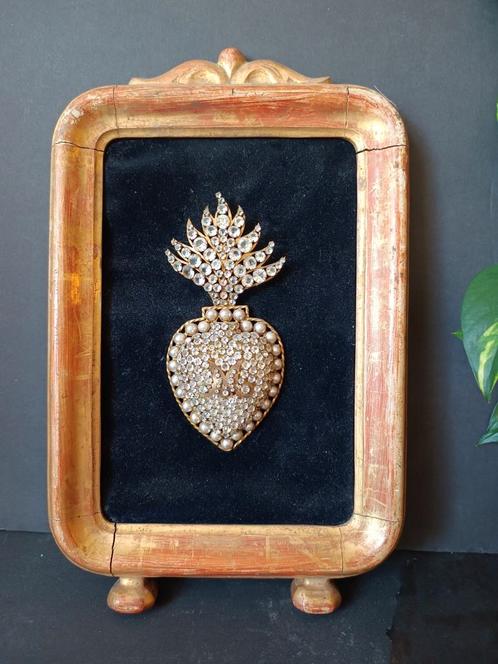 Vintage Ingelijst Heilig Hart met Strass, Antiek en Kunst, Antiek | Religie, Ophalen of Verzenden