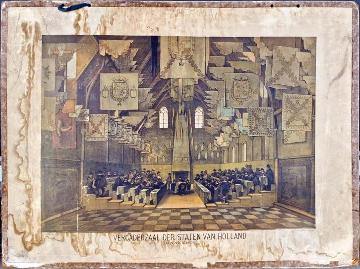 Vergaderzaal der Staten van Holland (Binnenhof) / J.J. Meske, Antiek en Kunst, Antiek | Schoolplaten, Aardrijkskunde, Ophalen