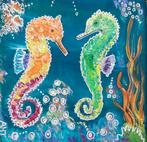 Schilderijtje Zeepaardjes op hout in vrolijk acryl, Ophalen of Verzenden