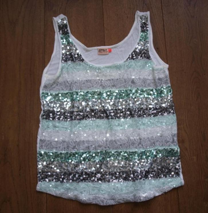 Groen-Wit-Zilveren Glitter Top Only (M), Kleding | Dames, Tops, Gedragen, Maat 38/40 (M), Groen, Zonder mouw, Ophalen of Verzenden