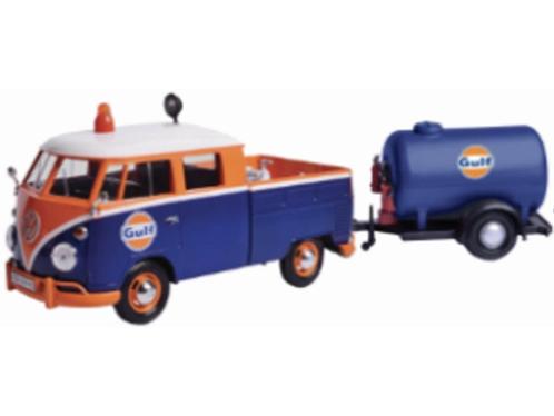 VW T1 TYPE 2 SERVICE PICK UP + OIL TANK TRAILER WITH GULF LI, Hobby en Vrije tijd, Modelauto's | 1:24, Nieuw, Auto, Motormax, Ophalen of Verzenden
