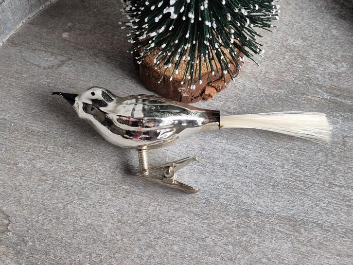 Vintage kerstbal vogeltje op clip zilver 565, Diversen, Kerst, Gebruikt, Ophalen of Verzenden