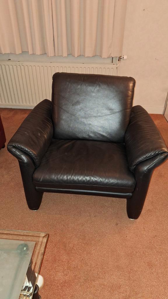 W. Schillig Zwarte Leren Fauteuil, Huis en Inrichting, Fauteuils, Gebruikt, Leer, 75 tot 100 cm, Ophalen