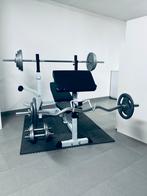 UNIVERSELE HALTERBANK WIT MET 108 KG HALTERSET GIETIJZER, Sport en Fitness, Fitnessmaterialen, Ophalen, Gebruikt, Benen, Fitnessbank