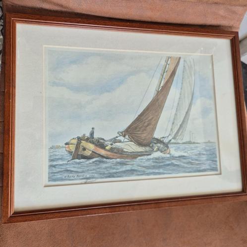 Bauke Feenstra 1987 Skutjse in houten lijst 43x53 cm aquarel, Huis en Inrichting, Woonaccessoires | Schilderijen, Tekeningen en Foto's