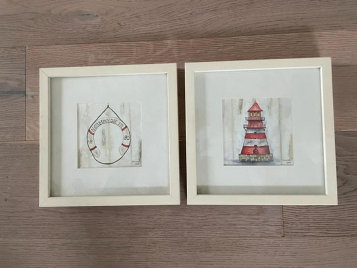 2 x aquarel zee strand thema. Vuurturen en boei. Miriam Kant, Antiek en Kunst, Kunst | Overige Kunst, Ophalen