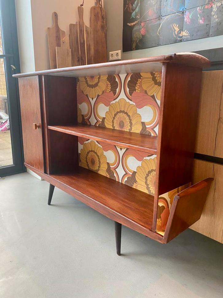 Vintage Teakhouten Meubel dressoir met Retro Print, Huis en Inrichting, Kasten | Dressoirs, Zo goed als nieuw, 100 tot 150 cm