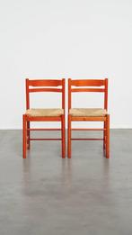 Set van 2 rode vintage houten stoelen uit de jaren ’70, Huis en Inrichting, Stoelen, Ophalen, Riet of Rotan, Gebruikt, Twee