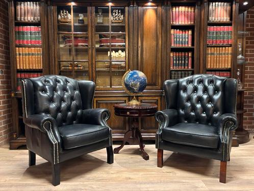 Chesterfield king fauteuil zwart leer 2 stuks, Huis en Inrichting, Fauteuils, Nieuw, Leer, 75 tot 100 cm, Ophalen