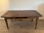 Antieke Franse houten brocante tafel, Ophalen, Gebruikt, 50 tot 100 cm, Vijf personen of meer