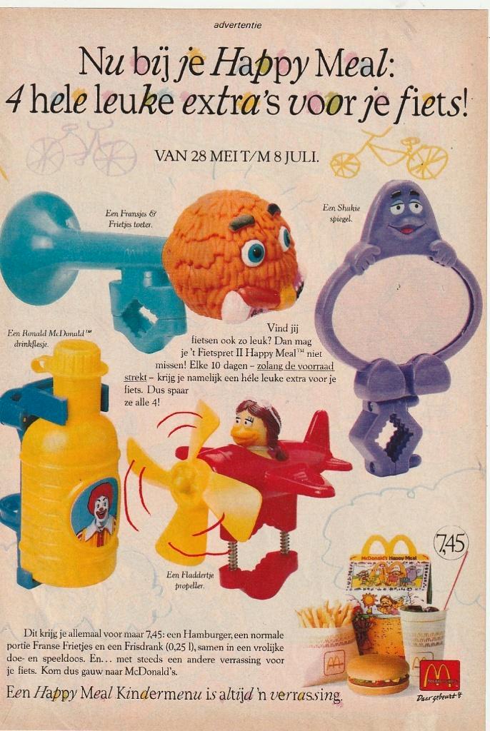 Retro reclame 1992 McDonald's Happy Meal fietsspeeltjes, Verzamelen, Retro, Overige typen, Verzenden