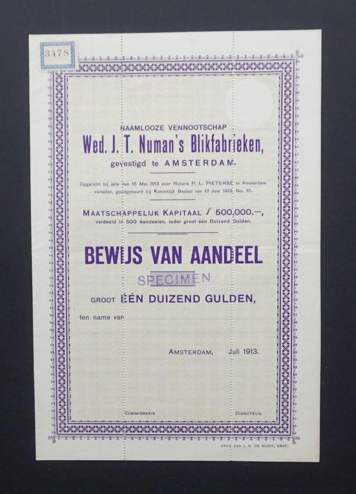 Wed.J.T. Numan's Blikfabrieken (Numan-Blikemba) A'dam 1913, Postzegels en Munten, Aandelen en Waardepapieren, Aandeel, Voor 1920