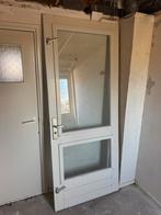 Hardhouten buitendeur met dubbel glas, Ophalen, Gebruikt, 80 tot 100 cm, 215 cm of meer