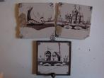 drie antieke wandtegels een bootje en twee met gebouwen, Antiek en Kunst, Ophalen of Verzenden