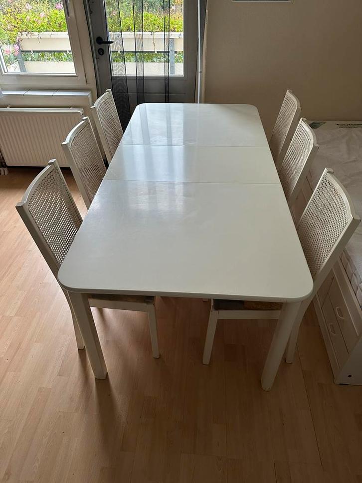 Eettafel uitschuifbaar B90x L192.5 xH72.5 met 6 stoelen, Huis en Inrichting, Complete eetkamers, Gebruikt, 4 tot 6 stoelen, Ophalen