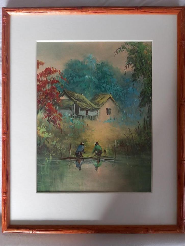fraai indisch schilderijtje dorpstafereel vuurboom oerwoud, Antiek en Kunst, Kunst | Schilderijen | Klassiek, Ophalen of Verzenden