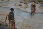 aquarel vrouwen steken rivier over, Indonesie, L.Herger 1952, Verzenden