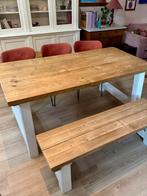 Massief houten eettafel + bankje, Ophalen, 50 tot 100 cm, Zo goed als nieuw, Vijf personen of meer