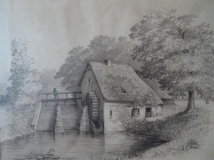 Tekening watermolen in bos met beekje 1875, zonder signatuur, Antiek en Kunst, Kunst | Tekeningen en Foto's, Verzenden