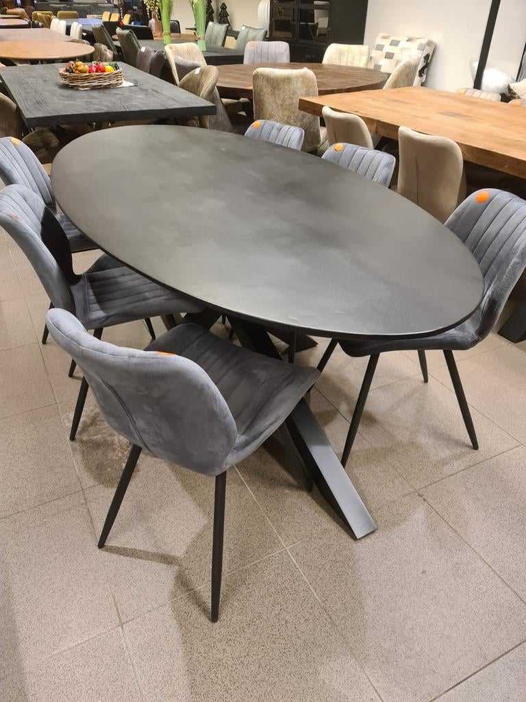 Nieuwe eettafel ovaal 200x100cm zwart mango spinpoot €350, Ophalen, Industrieel landelijk barok brocante koloniaal boheems vintage