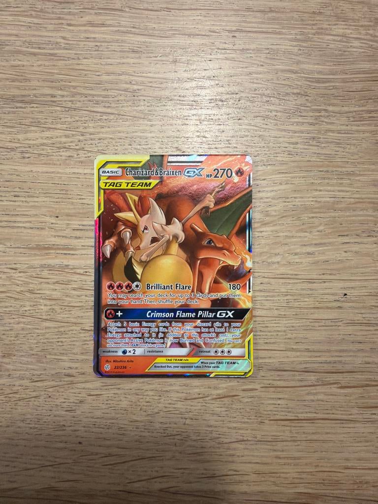Pokémon Kaart: Charizard & Braixen GX TAG TEAM (22/236), Ophalen of Verzenden, Zo goed als nieuw, Losse kaart