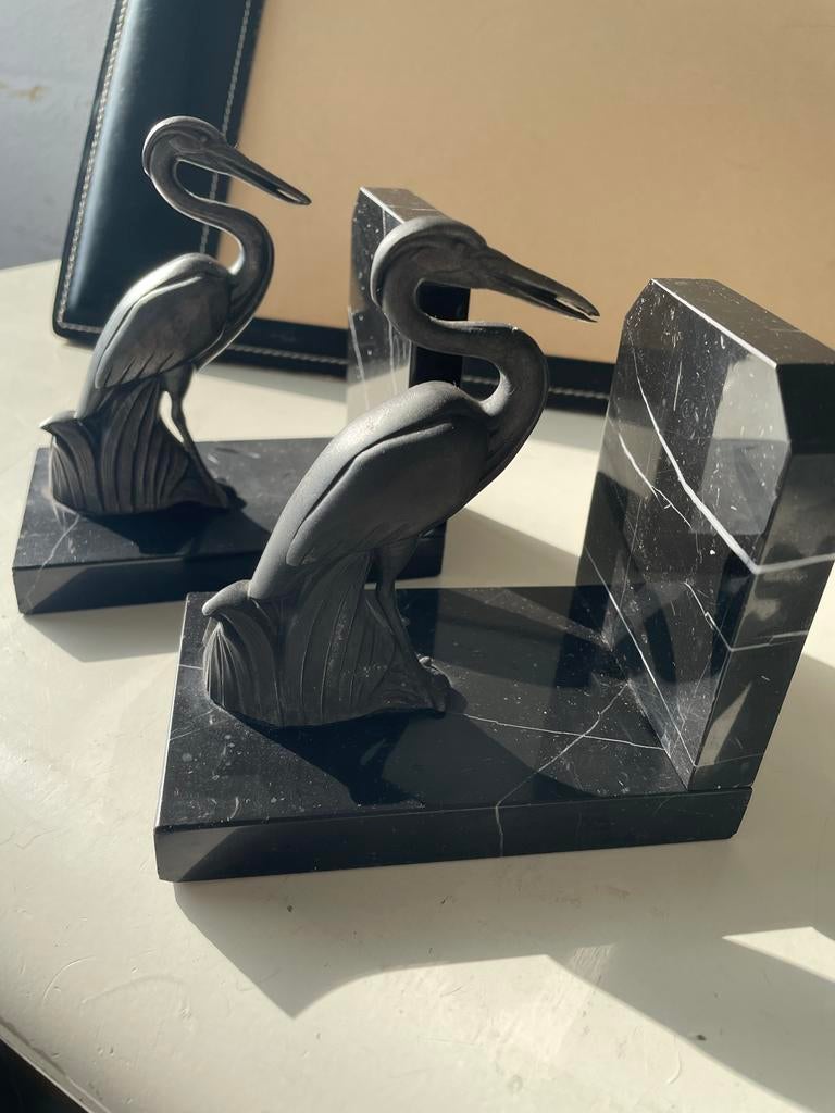 Art Deco Boekensteunen met Reiger Motief - Marmer & Metaal, Antiek en Kunst, Ophalen of Verzenden