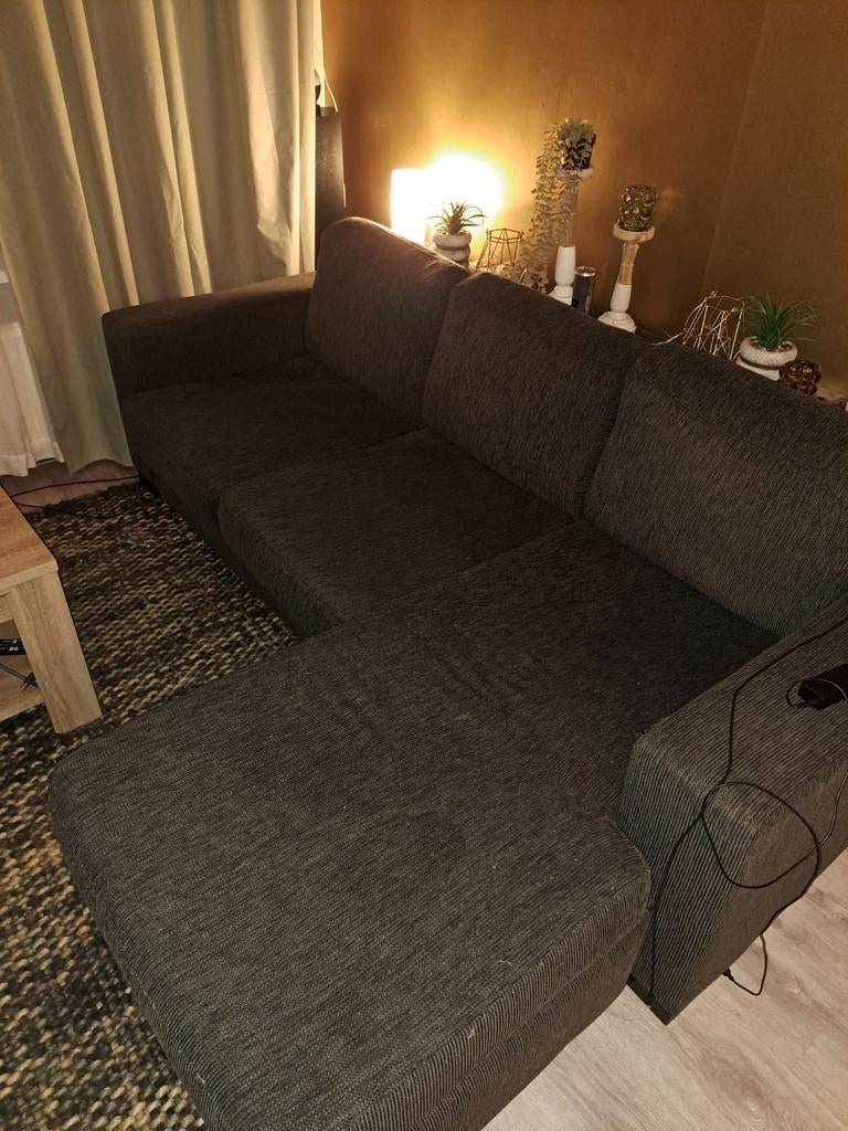 Zwarte hoekbank 240 cm breed, 3-persoons, gebruikt, Gebruikt, Hoekbank, Driepersoons, Ophalen of Verzenden