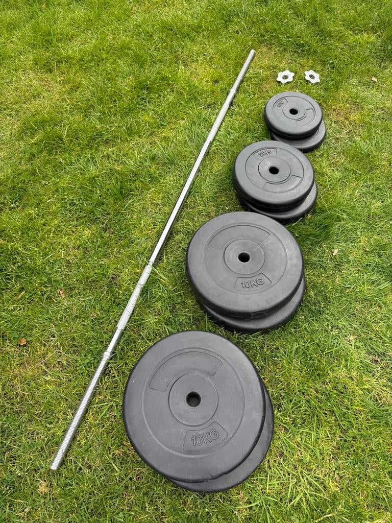 Halterset met stang en schijven fitness gewichten sport, Sport en Fitness, Fitnessmaterialen, Ophalen of Verzenden, Gebruikt, Armen