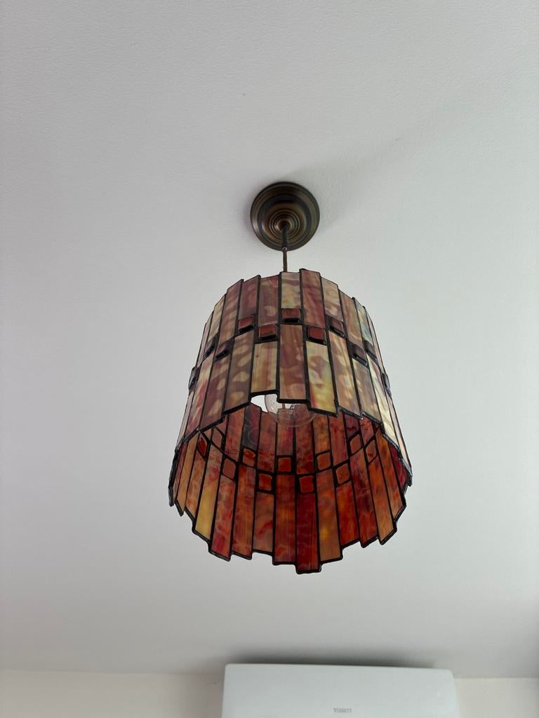 Art Deco Plafondlamp met Glas-in-lood Effect, Huis en Inrichting, Lampen | Hanglampen, Ophalen, Gebruikt, Glas, Minder dan 50 cm
