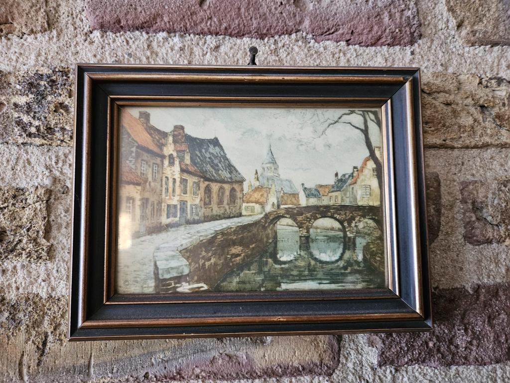 Vintage Schilderij: Brugge Grachtenpandjes, Antiek en Kunst, Kunst | Schilderijen | Klassiek, Ophalen