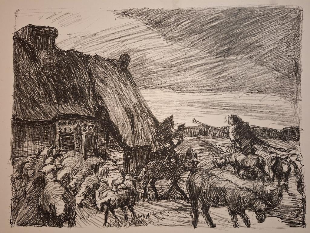 Lithografie schapen met herder, Ophalen of Verzenden