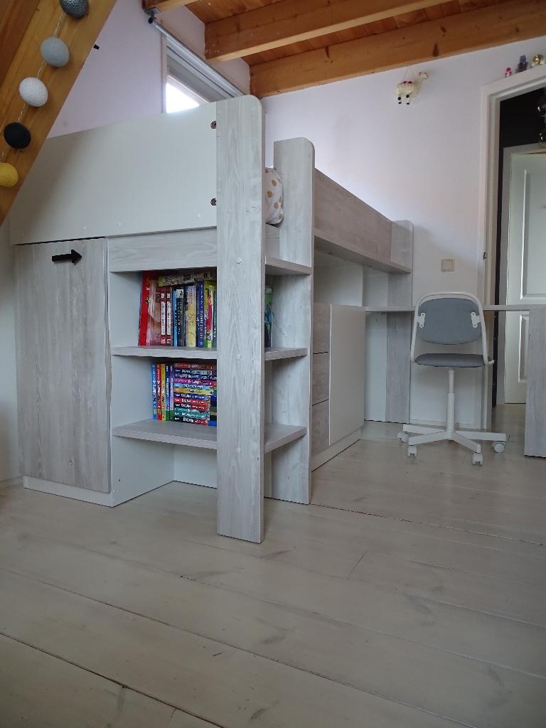 Halfhoogslaper Yolo wit/grijs eiken met bureau, incl. matras, Ophalen, Gebruikt, 90 cm, Eenpersoons