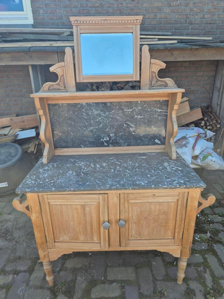 Engels kastje met marmer blad en spiegel, Ophalen of Verzenden