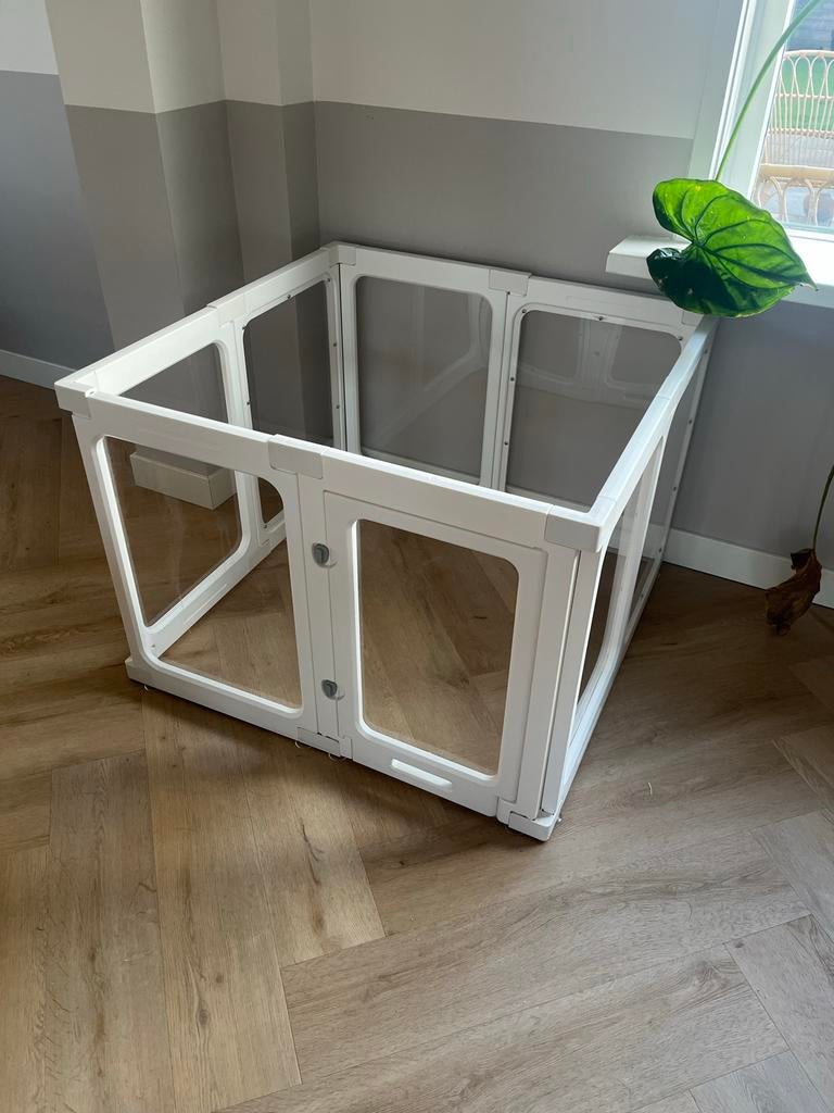 Witte vierkante honden hok met transparante zijkanten, Dieren en Toebehoren, Ophalen, Zo goed als nieuw, Minder dan 75 cm, Minder dan 65 cm