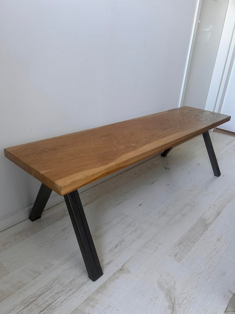 Eikenhouten bank eetkamer bank met metalen poten 150cm, Huis en Inrichting, Banken | Bankstellen, Ophalen, Zo goed als nieuw, Minder dan 150 cm