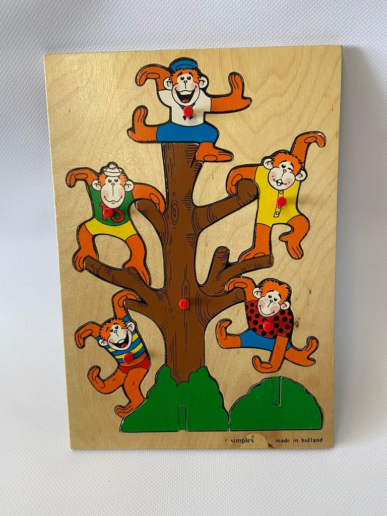 Vintage Simplex houten nopjespuzzel aapjes in boom, Ophalen of Verzenden, 10 tot 50 stukjes, Gebruikt, 2 tot 4 jaar