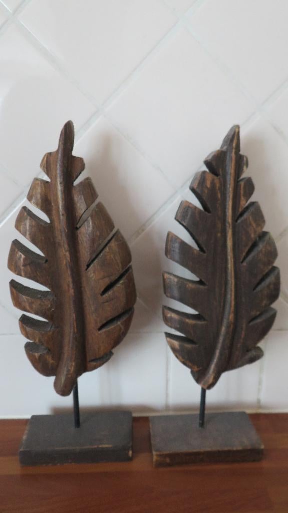 houten decoratie veer / blad ,  set van 2, Huis en Inrichting, Woonaccessoires | Overige, Ophalen of Verzenden, Gebruikt, Hout