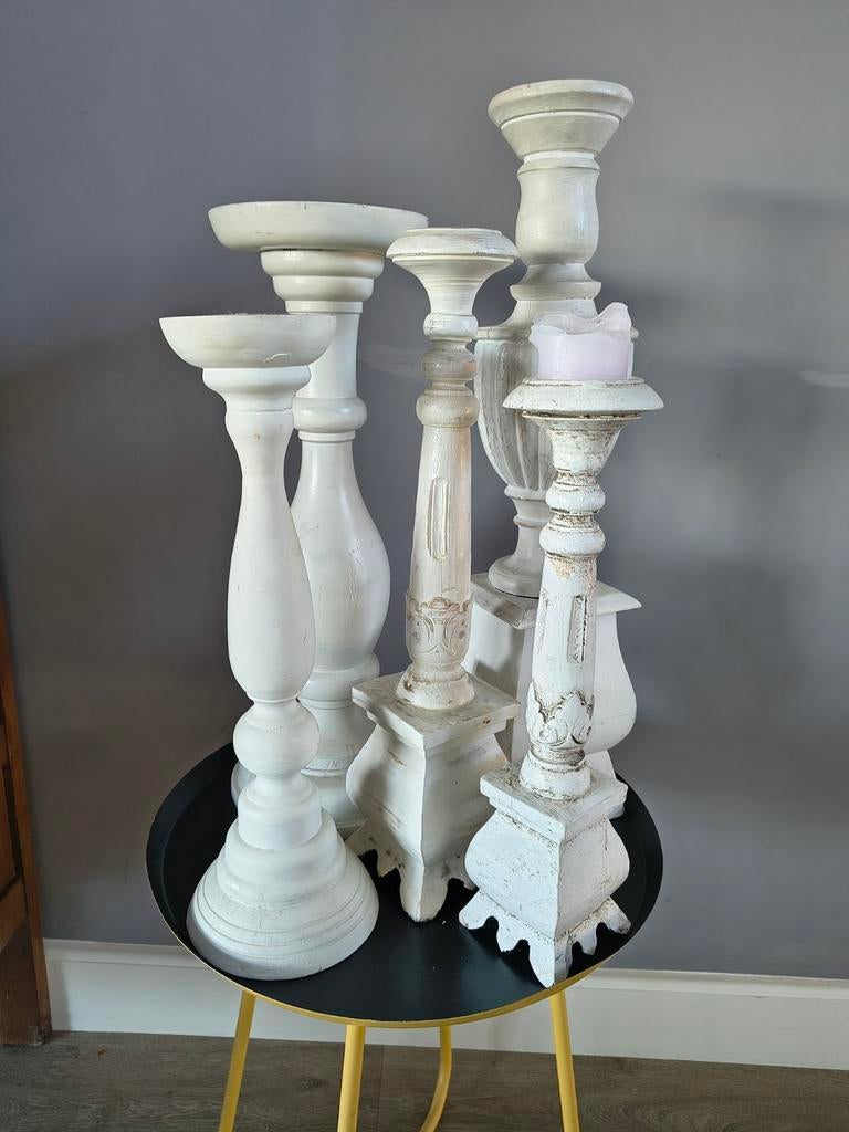 Houten "kasteel" kandelaars, Ophalen, Gebruikt, 25 tot 50 cm, Wit