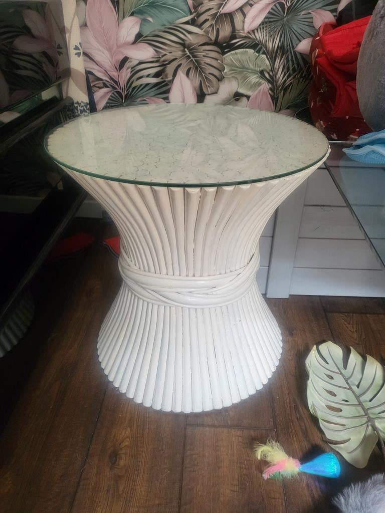 Wit tafeltje met glazen blad, 45 tot 60 cm, Minder dan 55 cm, Gebruikt, Rond