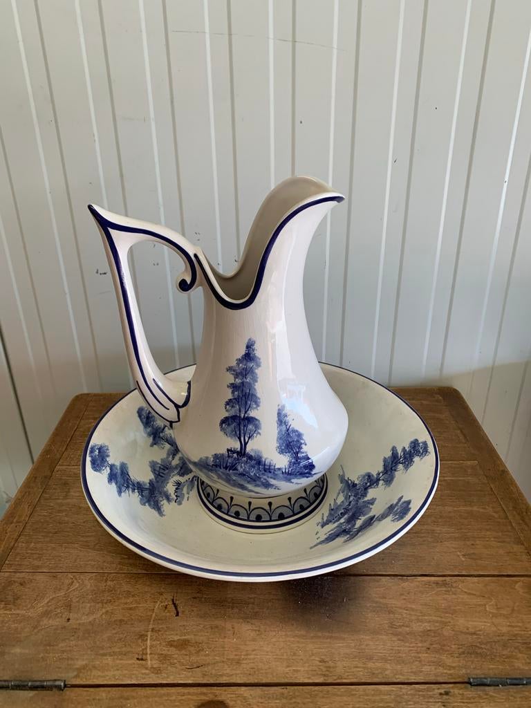 Antieke waskom en kan, blauw-wit decor,lampetset, Ophalen