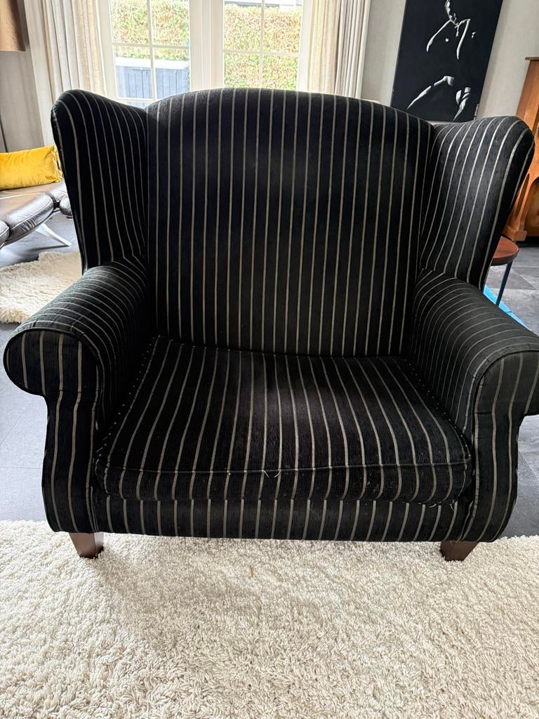 Comfortabele oorfauteuil met streepdessin, Huis en Inrichting, Fauteuils, Gebruikt, Stof, 100 tot 125 cm, 100 tot 125 cm, Ophalen