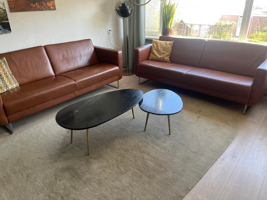 2 Montel bankstellen cognac leer, koudschuim, 220 cm breed, Ophalen, Driepersoons, Zo goed als nieuw, Rechte bank