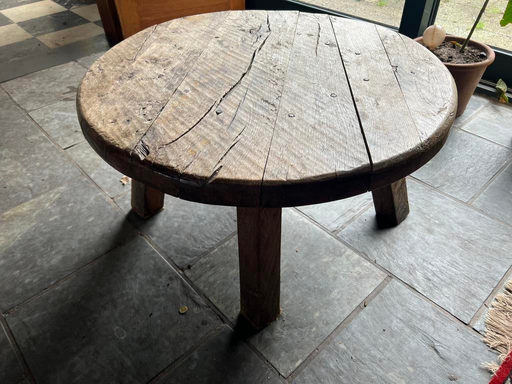 Authentieke robuuste ronde houten tafel, Ophalen, 50 tot 100 cm, Zo goed als nieuw, Metaal