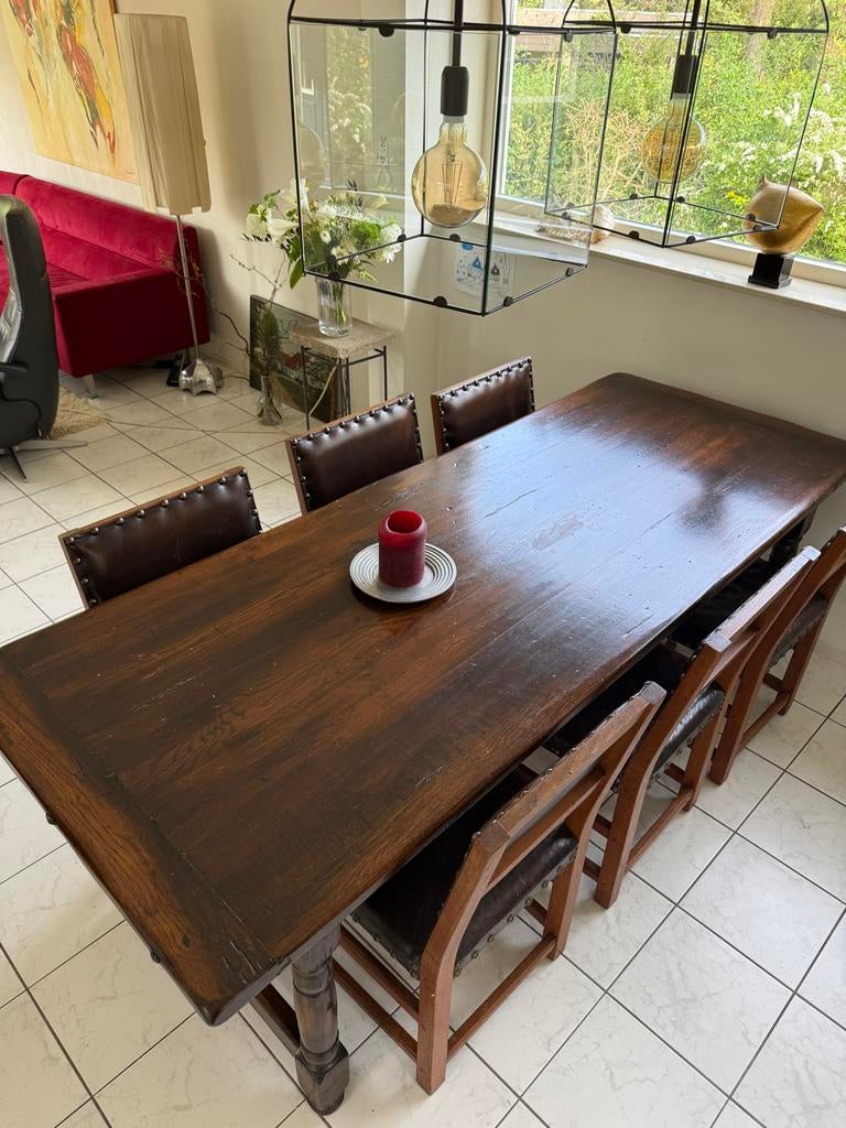 Rustieke eettafel met 6 lederen stoelen, Huis en Inrichting, Tafels | Eettafels, Ophalen, Gebruikt, 50 tot 100 cm, Vijf personen of meer