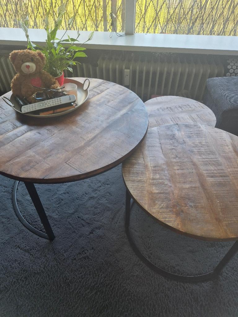 Salontafels set van 3 mangohout, Huis en Inrichting, Tafels | Salontafels, Ophalen, Gebruikt, 100 tot 150 cm, Rond