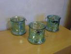 3 Grijsblauwe glazen theelichtjeshouder windlicht potten, Ophalen of Verzenden, Zo goed als nieuw, Overige materialen, Minder dan 25 cm