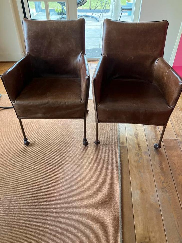 Set van 2 Juchtlederen Eetkamerstoelen, Huis en Inrichting, Stoelen, Gebruikt, Twee, Leer, Bruin, Ophalen