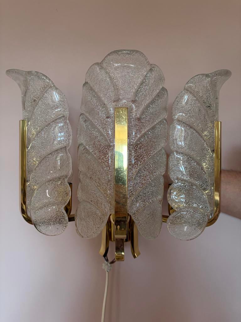 Vintage JBS wandlamp, ijsglas, messing, Carl Fagerlund Stijl, Ophalen, Gebruikt, Glas