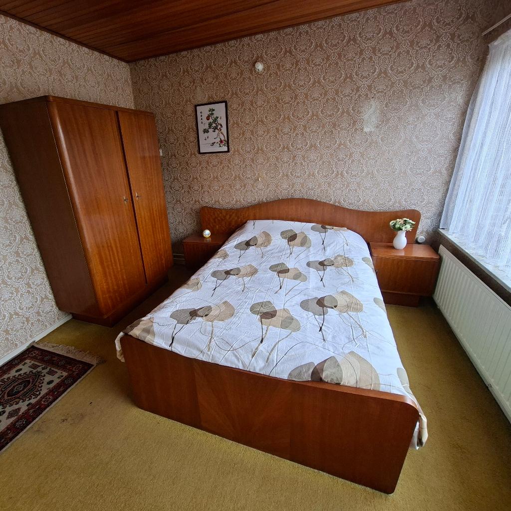 Vintage slaapkamer, bed, kast en nachtkastjes, Huis en Inrichting, Slaapkamer | Complete slaapkamers, Ophalen, Gebruikt, Tweepersoons