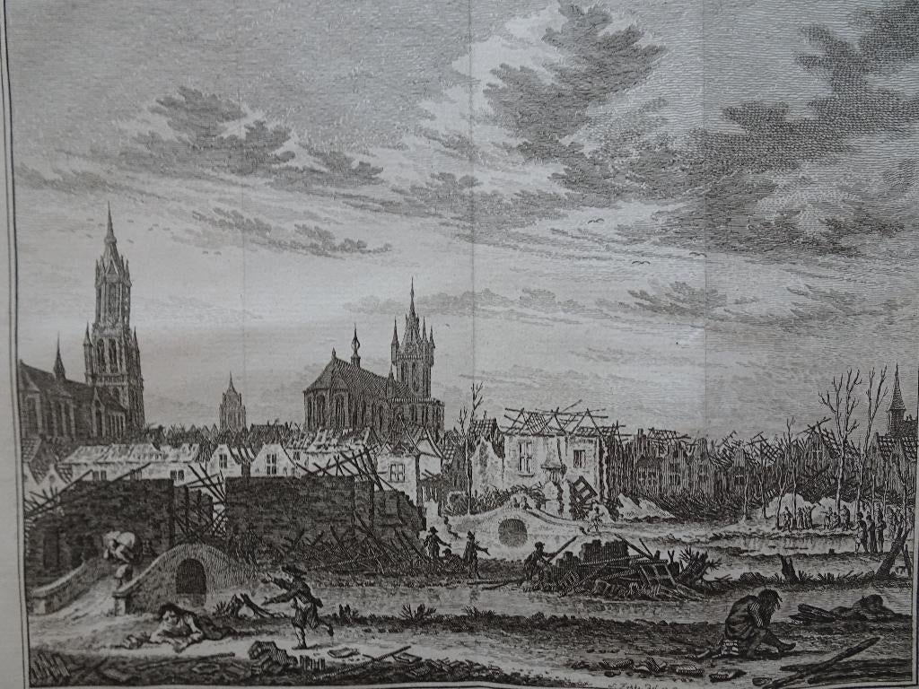 gravure verwoesting springen kruittoren Delft, S. Fokke 1754, Verzenden